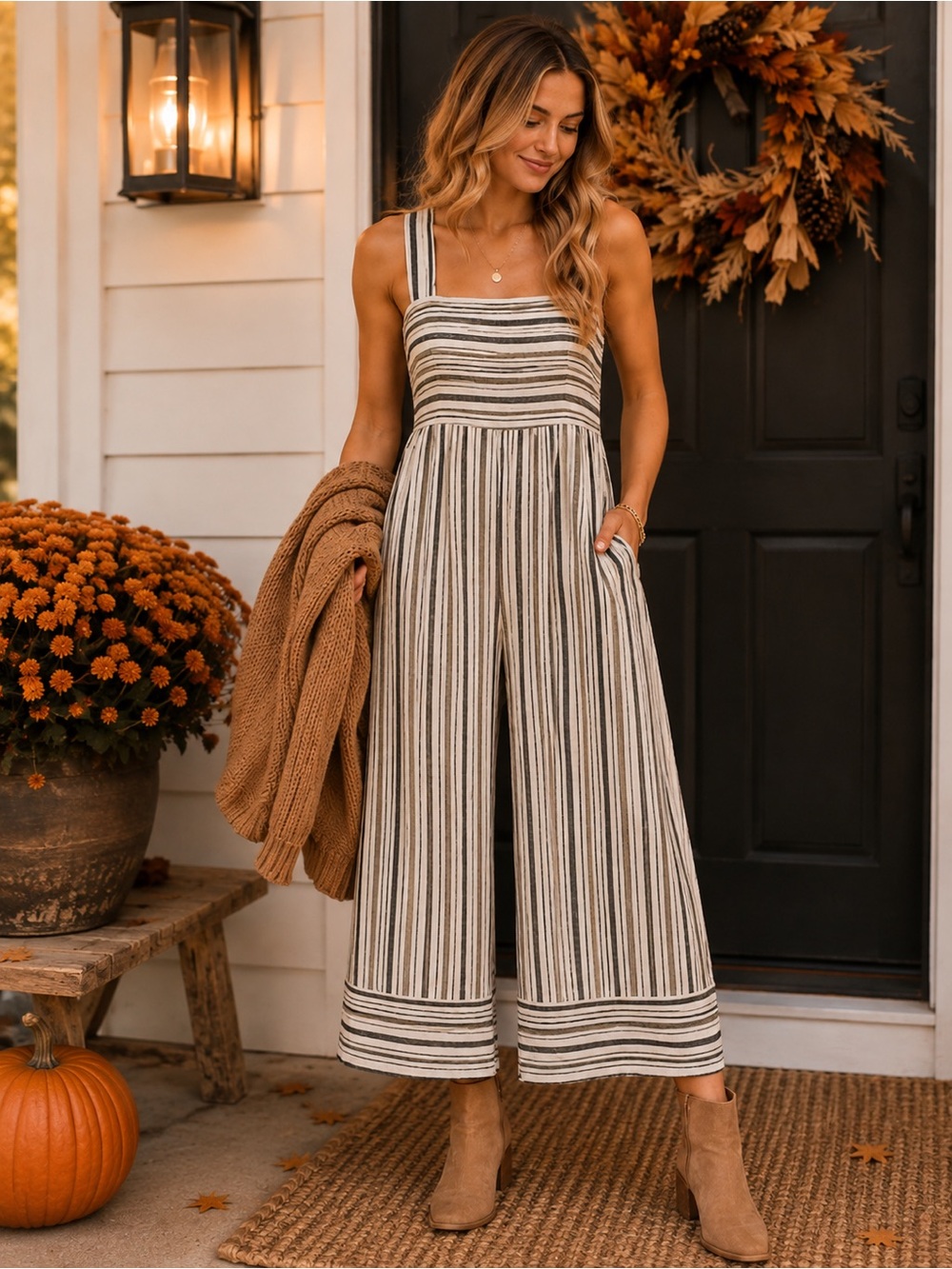 JAPNA Striped Wide-Leg Jumpsuit — Size Large